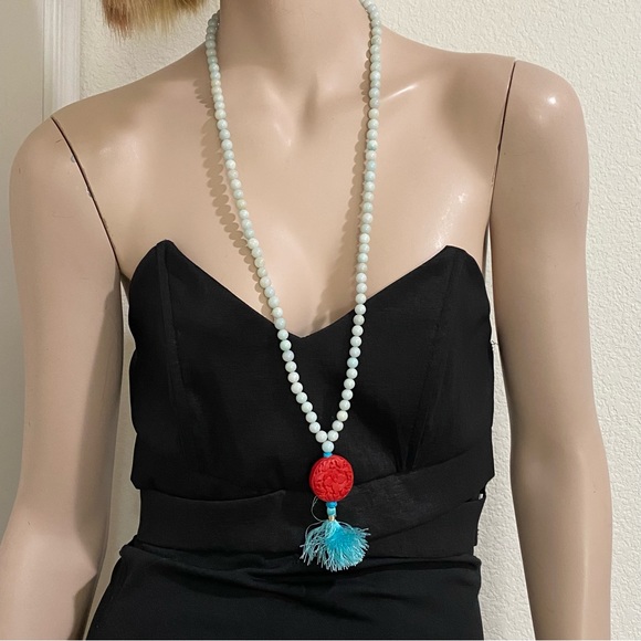 Flower Carved Cinnabar Beaded 32” Mala Necklace - Picture 2 of 12